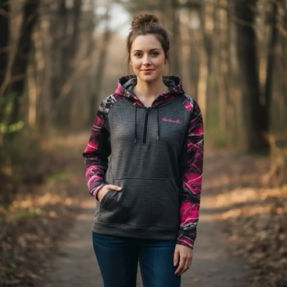 Huntworth Hoodie Pink Gray Camo Fleece Lined 1/2 Zip Pullover Women's XL - Picture 6 of 16